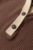 Coffee Waffle Contrast Half Buttoned Hooded Pullover Top
