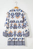 Sky Blue Plus Size Boho Print Split Neck Long Sleeve Mini Dress