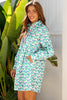 Green Floral Print Notched Neck Scalloped Detail Long Sleeve Mini Dress