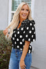 Black Polka Dot Print Shirred Yoke Notched Neck Balloon Sleeve Blouse
