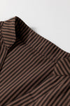 Brown Stripe V Neck Roll Up Sleeve Pocket Patched Classic Shirt