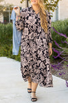 Black Plus Size Floral Printed Puff Sleeve Collared Maxi Dress