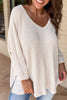 Black Waffle Knit Side Slits Loose Fit V Neck Top