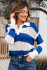 Blue Stripe Colorblock Polo Collar Eyelet Crochet Knitted Sweater