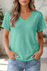 Pink Lace Splicing Button Cutout V Neck Waffle Knit Blouse