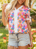 White Floral Colorblock Striped Edge V Neck Knotted Short Sleeve Blouse