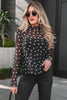 Black Polka Dot Patterned Bodycon Mock Neck Mesh Long Sleeve Top