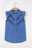 Sky Blue Mineral Wash Cap Sleeve Frilled Button Up Denim Shirt