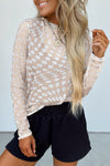 Khaki Checkered Pattern Mesh Mock Neck Long Sleeve Top