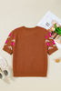 Brown Floral Short Puff Sleeve Sweater