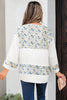 Sky Blue Floral Print Gauze Patchwork Henley Button 3/4 Sleeve Blouse