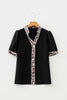Black V Neck Short Puff Sleeve Contrast Striped Leopard Trim Button Down Shirt