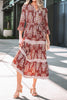 Brown Floral Print Belted Striped Trim Tiered Maxi Dress