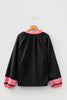 Black Color Block Patchwork Detail V Neck Textured Long Sleeve Blouse