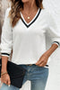 White Textured Knit Preppy Striped Trim V Neck Pullover Waffle Top