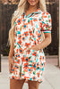 Orange Contrast Trim Floral Split Neck Puff Short Sleeve Tiered Mini Dress