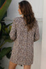 Khaki Button Striped Collar Leopard Print Long Sleeve Flared Dress