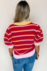 Red Stripe Colorblock Trim Half Sleeve Sweater Top