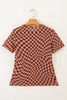 Orange Checkered Print Crew Neck Mesh T Shirt