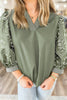 Grass Green Floral Puff Sleeve Contrast V Neck Patchwork Blouse
