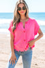 Bright Pink Distressed Hem Short Sleeve Knitted Button Front Sweater