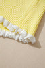 Yellow Cream Ribbed Knit Contrast Frilled Short Sleeve Sweater Cardigan