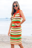 Yellow Stripe Eyelet Sleeveless Buttoned Split Neck Sweater Dress