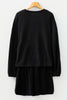 Black Solid Color Textured Knit Drop Shoulder Pullover Drawstring Shorts Set