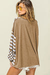 Khaki Checkerboard Striped Patchwork Lantern Sleeve Pocketed Blouse