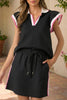 Sky Blue Preppy Striped Trim V Neck Polo Tee Drawstring Skirt Set