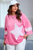 Pink Star Patched Colorblock Raw Edge Bracelet Sleeve Plus Size Loose Tee