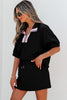 Color black Striped Collared Zip up Textured Skirt Set