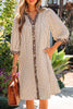 Khaki Stripe Square Button Leopard Trim Loose Bracelet Sleeve Shirt Dress