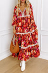 Orange Floral Print Lace Trim Patched V Neck Maxi Dress