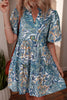 Blue Bohemian Paisley Floral V Neck Short Sleeve Mini Dress