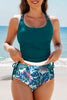 Sea Green Drawstring Tummy Control Mix-and-match 2pcs Tankini Swimsuit