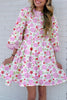 Pink Floral Print Striped Trim Frilled Neck 3/4 Sleeve Flared Mini Dress
