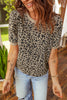 Khaki Textured Leopard Print Crew Neck Short Sleeve Top