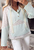 Clearly Aqua Textured Floral Patchwork Button Hooded Long Sleeve Top