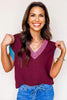 Burgundy Contrast Trim V Neck Cuffed Short Sleeve Loose Sweater