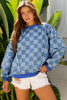 Sky Blue Checkerboard Splicing Raw Detail Oversized Denim Pullover