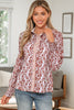 Floral Print Frilled Striped Trim Button Down Smocked Cuffs Long Sleeve Shirt