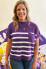 Purple Stripe Raw Edge Patched Pocket Short Sleeve Knit Sweater