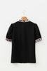 Black V Neck Short Puff Sleeve Contrast Striped Leopard Trim Button Down Shirt