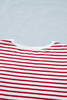Red Stripe Contrast Trim Round Neck Short Puff Sleeve T Shirt