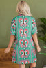 Mint Green Geometric Butterfly Print Split Neck Short Sleeve Dress