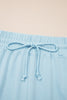 Mist Blue Solid Color Ribbed Trim Short Sleeve Top Drawstring Loose Pants 2pcs Outfit