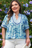 Sky Blue Plus Size Scalloped Trim Floral Short Sleeve Blouse