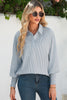 Gray Pinstripe Long Sleeve Smocked Cuffs Button Shirt Collar Blouse