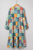Sky Blue Mix Floral Checkered Pattern Bubble Sleeve Ruffle Hem Dress